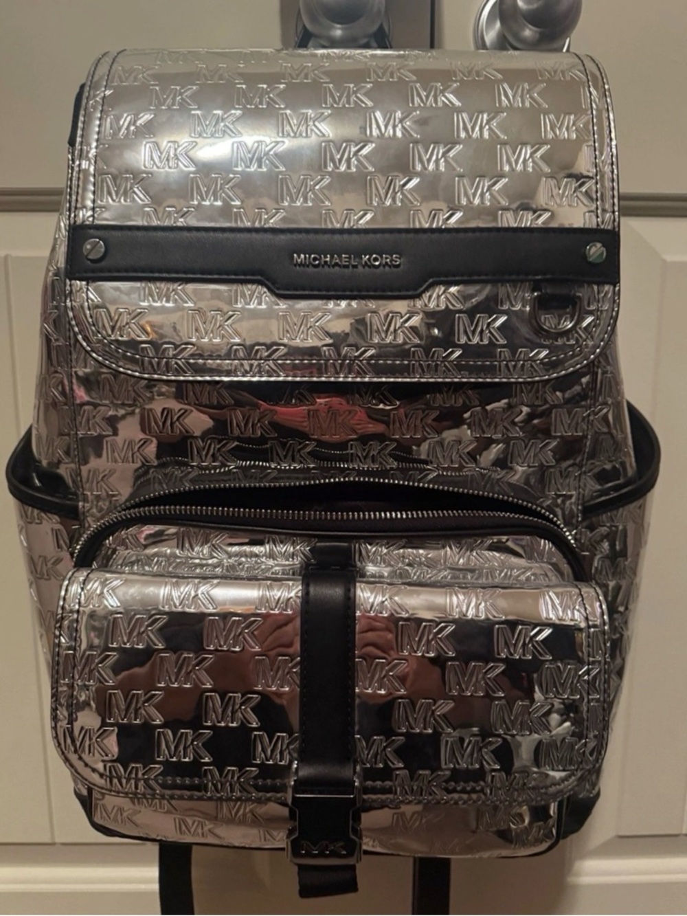 Michael Kors Silver Metallic MK Monogram Backpack with Black Trim